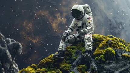 an astronaut sits on mossy grass against a background of a bright starry sky. full-length portrait o