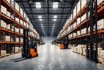 Industrial interior of large warehouse industrial with parked forklifts, crates, shelves, pallets and boxes. Industry warehouse interior and logistics concept. Gen ai illustration. Copy ad text space