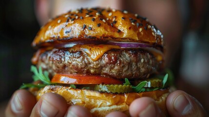 business man looking at hamburger in his hands