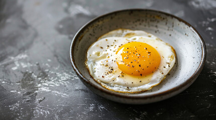 Fried egg in a ceramic bowl. A perfectly fried egg with a golden yolk is served in a rustic ceramic bowl on a gray, textured surface, seasoned with black pepper..