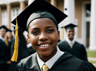 Portrait of an african american graduate smiling with classmates in the background