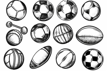 Set of sports ball illustration doodle collection. Black cartoon sketch isolated on white background set vector icon, white background, black colour icon