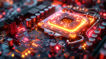 Poster - A computer chip is lit up in red and orange. The chip is a part of a computer and is glowing brightly