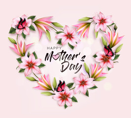 Wall Mural - Mother's day holiday background with colorful flowers shaped heart and butterflies. Vector.