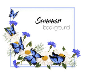 Aufkleber - Summer flower nature background with white daisy and blue cornflowers and butterflies. Vector.