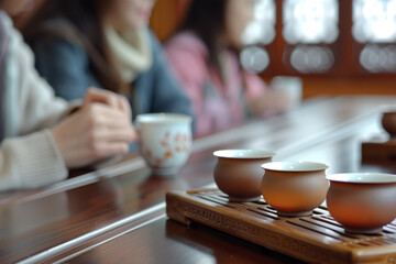 Wall Mural - A group of Chinese friends gathering for a traditional tea ceremony, savoring the delicate flavors and aromas of fine teas in serene surroundings.  Generative Ai.