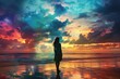 © Vladyslav  Andrukhiv - Silhouette of a woman on the beach staring at the dreamy colorful sky.