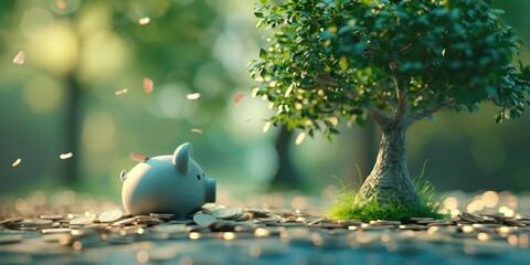 An image of little cute pink piggy bank placed near tree growing with coin scattering at the ground. Close up of piggy bank represented investment and financial advice. Saving money concept. AIG42.