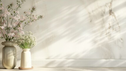 Wall Mural - Minimalist decor with vases, flowers, and sunlight on marble wall