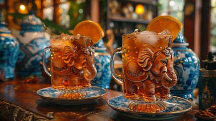 cocktail in restaurant serve with ceramic of elephants 