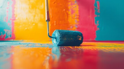 Close up of roller brush panting on surface with copy space, colorful trail by roller brush, interior home decorate.