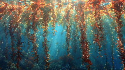 Canvas Print -  A vast underwater forest of seaweed dangles from above a deep blue expanse, illuminated by golden rays filtering through (50 tokens