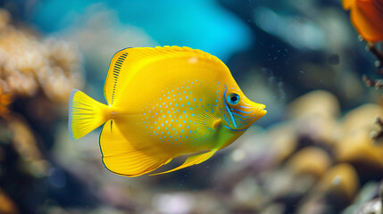 Bright yellow tropical fish swimming in coral reef. The vibrant image showcases a bright yellow tropical fish swimming gracefully among the coral reefs, highlighting the beauty of underwater.