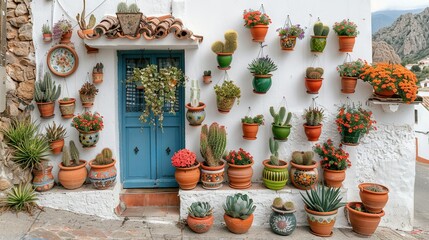 Sticker -   A row of potted plants adorns the wall beside a blue-door building, with white walls and another blue entrance