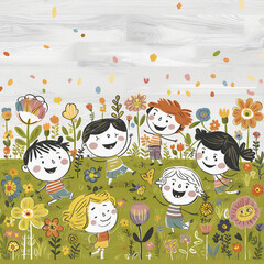 School concept, children and flowers drawn on a white background., illustration