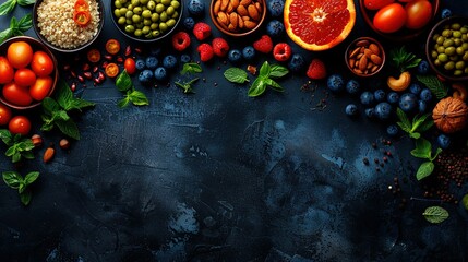 Poster -  A collection of diverse produce displayed on a black background with space for text above
