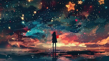 Wall Mural - Star girl illustration. Stars universe night. Desires concept.