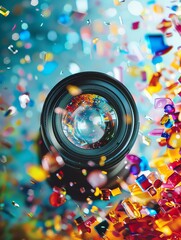 Photography A vintage camera lens capturing a world where everything is made of colorful glass