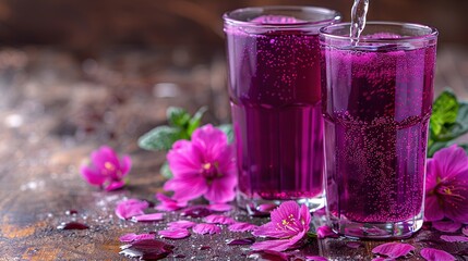 Wall Mural -   A close-up of two glasses filled with liquid, surrounded by flowers while pouring water