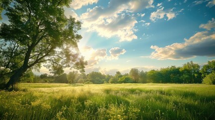 Wall Mural - Serene meadow with lush greenery, sunlit clouds, and trees