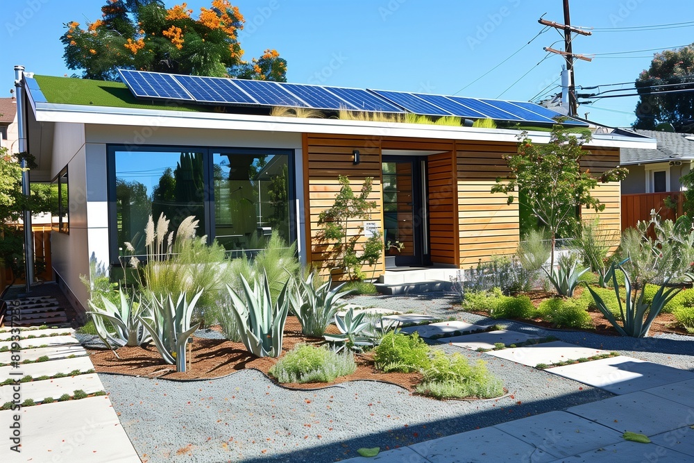 : A modern eco-friendly urban home with solar panels, a living green ...