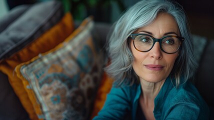 Wall Mural - a mature woman with grey hair sitting on a couch