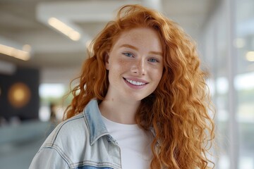 Wall Mural - a redhead girl smiling in an office