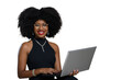 © Edson Souza - woman holding laptop computer typing on keyboard looking at camera, black woman