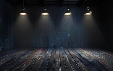 Dark room with wooden floor lit by three hanging lights.