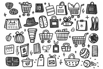 Wall Mural - Shopping retail sale and discount doodle set isolated vector illustration isolated on white background set vector icon, white background, black colour icon