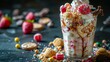 © piumi - Crazy milk shake with ice cream,whipped cream, marshmallow,cookies and colored candy in glass.