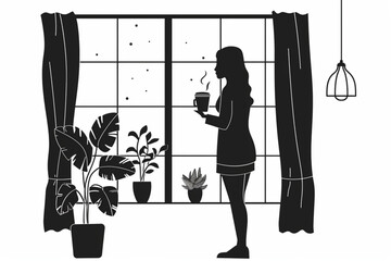 Wall Mural - Stay home, be safe. A girl stands by the window and drinks coffee. During a coronavirus epidemic, stay at home in quarantine. Vector illustration set vector icon,
