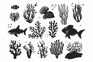 Wall Mural - Underwater design elements set vector icon, white background, black colour icon