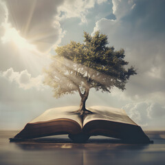 Education concept with tree of knowledge planting on opening book with cloud and nature in the background.