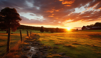 Picturesque landscape, fenced ranch at sunrise