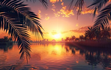 Poster - Sunset view over a lake with palm trees and city skyline.