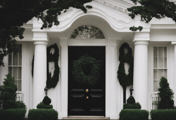 Wall Mural - Black front door of white house with trees