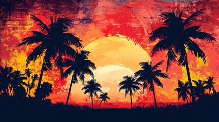 Wall Mural - tropical sunset on en beach with palms