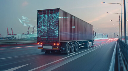 A truck transporting a container on a highway, with neural network data visualizations for route optimization.