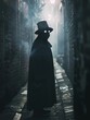© Artsaba Family - A shadowy character shrouded in mist stands under a lamppost on a cobblestone alley, evoking mystery and suspense