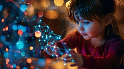 Wall Mural - A scene of a child interacting with an educational AI toy that displays neural network patterns