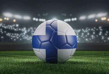Wall Mural - Soccer ball in flag colors on a bright blurred stadium background. Finland. 3D image