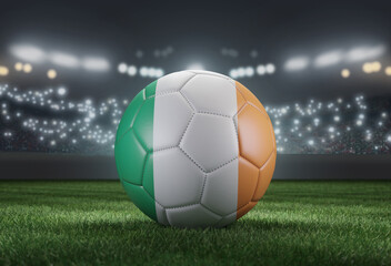 Wall Mural - Soccer ball in flag colors on a bright blurred stadium background. Ireland. 3D image