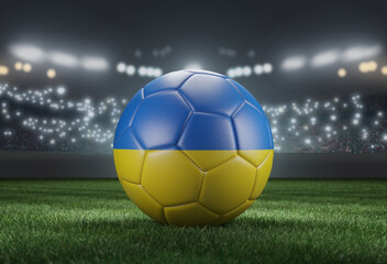 Wall Mural - Soccer ball in flag colors on a bright blurred stadium background. Ukraine. 3D image