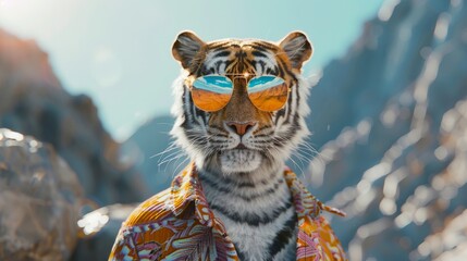 Wall Mural - a cute tiger in mountains wearing sunglases and summer outfit