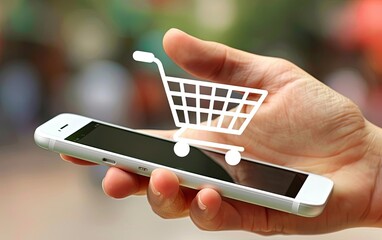 Closeup of a hand holding a smartphone with an online shopping app open