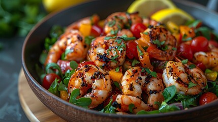 Wall Mural - Grilled Shrimp Salad with Fresh Arugula, Yellow Peppers, and Cherry Tomatoes