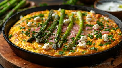 Wall Mural - Asparagus and Ham Frittata with Feta Cheese, Served in Skillet