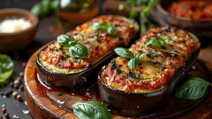 Wall Mural - Stuffed Eggplant Parmesan with Mozzarella, Spinach, Tomato Sauce, and Fresh Basil on Rustic Wooden Board