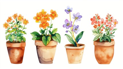 Sticker - Watercolor painting of flowers in a pot on a white background